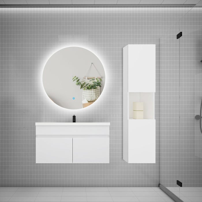 Ensemble meuble vasque 80cm lavabo + colonne + miroir rond,blanc
