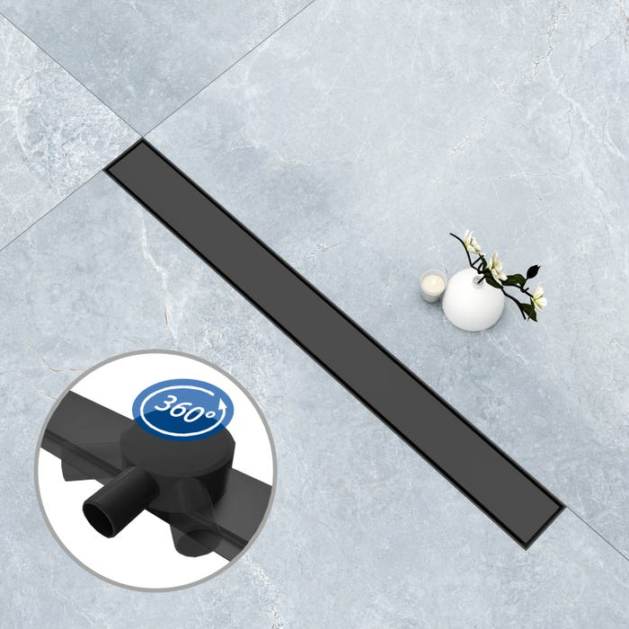 AICA Caniveau de douche italien en inox 2 en 1 + siphon 360°, siphon de vidange noir mat, réglable en hauteur avec désodorisant - 90 cm