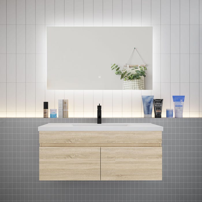 Ensemble meuble vasque L.100cm lavabo + LED miroir 100cm,chêne