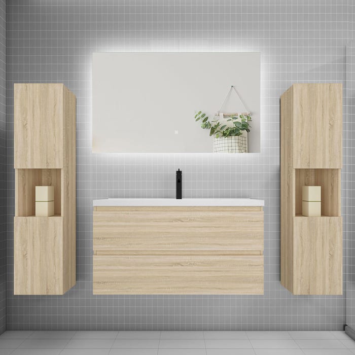 Ensemble meuble vasque L.100cm 2 tiroirs + lavabo + colonne + LED miroir 100cm,chêne
