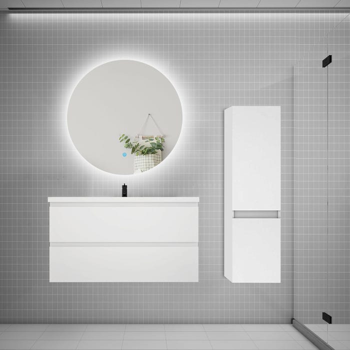 Ensemble meuble simple vasque 100cm 2 tiroirs + lavabo + colonne + miroir rond,blanc