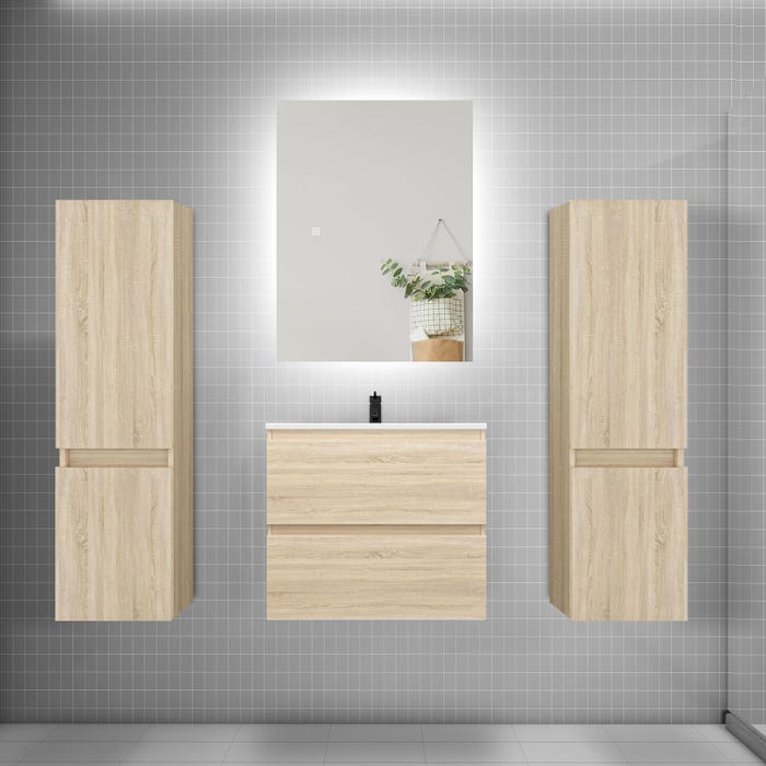 Ensemble meuble vasque L.60cm 2 tiroirs + lavabo + colonne + miroir 60cm,chêne