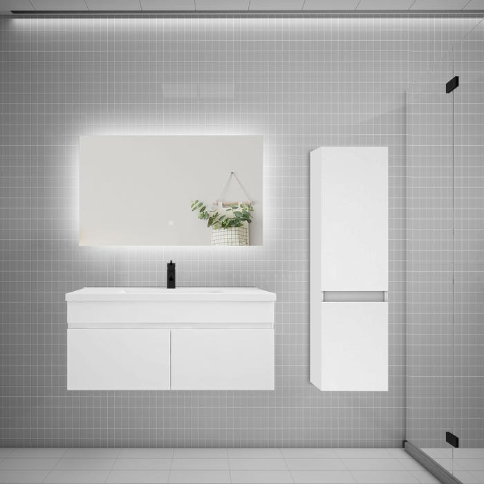 Ensemble meuble simple vasque 100cm lavabo + colonne + miroir,blanc