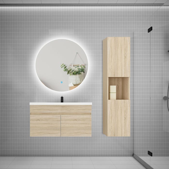 Ensemble meuble vasque 80cm lavabo + colonne + miroir rond,chêne