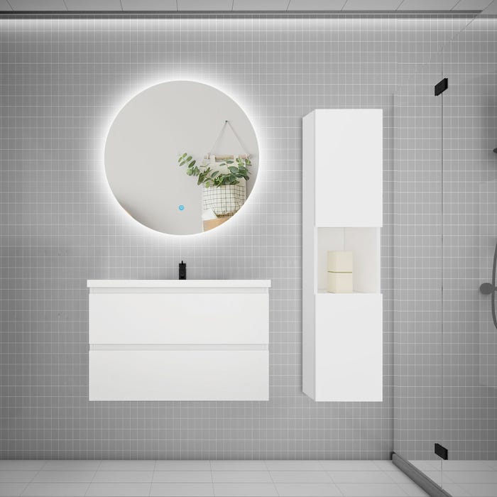 Ensemble meuble vasque 80cm 2 tiroirs + lavabo + colonne + miroir rond,blanc