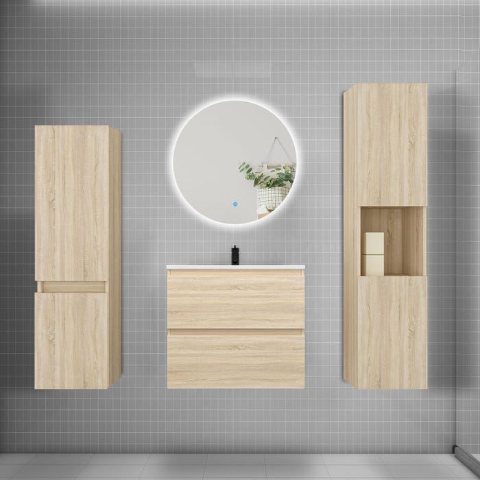 Ensemble meuble vasque L.60cm 2 tiroirs + lavabo + colonne + miroir rond mural 60cm,chêne