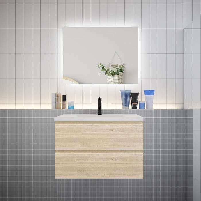 Ensemble meuble vasque L.80cm 2 tiroirs + lavabo + LED miroir 80cm,chêne
