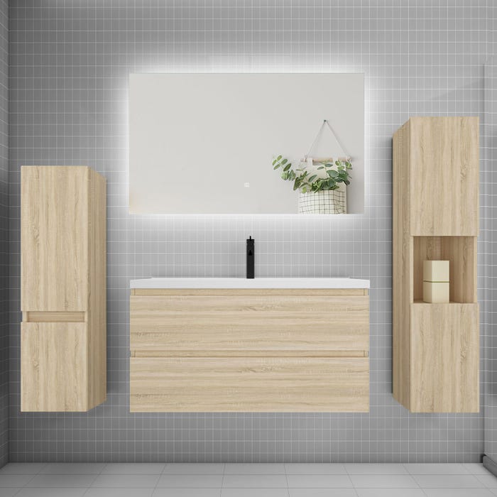 Ensemble meuble vasque L.100cm 2 tiroirs + lavabo + colonne + miroir mural 100cm,chêne