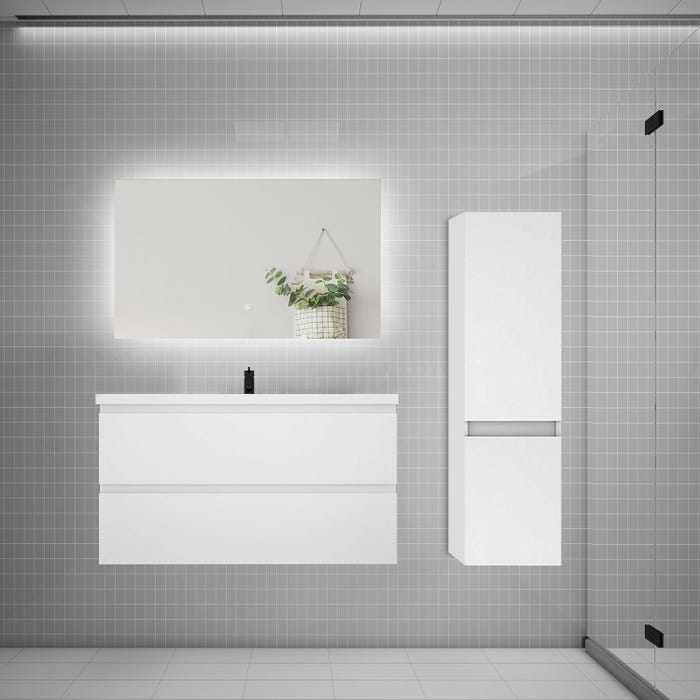 Ensemble meuble simple vasque 100cm 2 tiroirs + lavabo + colonne + miroir,blanc