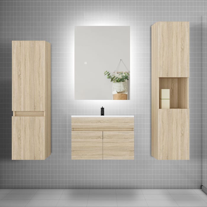Ensemble meuble vasque L.60cm lavabo + colonne + miroir mural 60cm,chêne