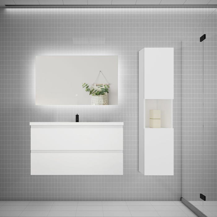 Ensemble meuble vasque 100cm 2 tiroirs + lavabo + colonne + miroir,blanc