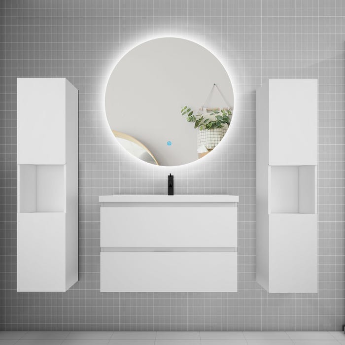 Ensemble meuble vasque L.80cm 2 tiroirs + lavabo + colonne + LED miroir rond 80cm,blanc