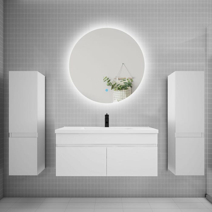 Ensemble meuble vasque L.100cm lavabo + colonne + miroir rond 100cm,blanc