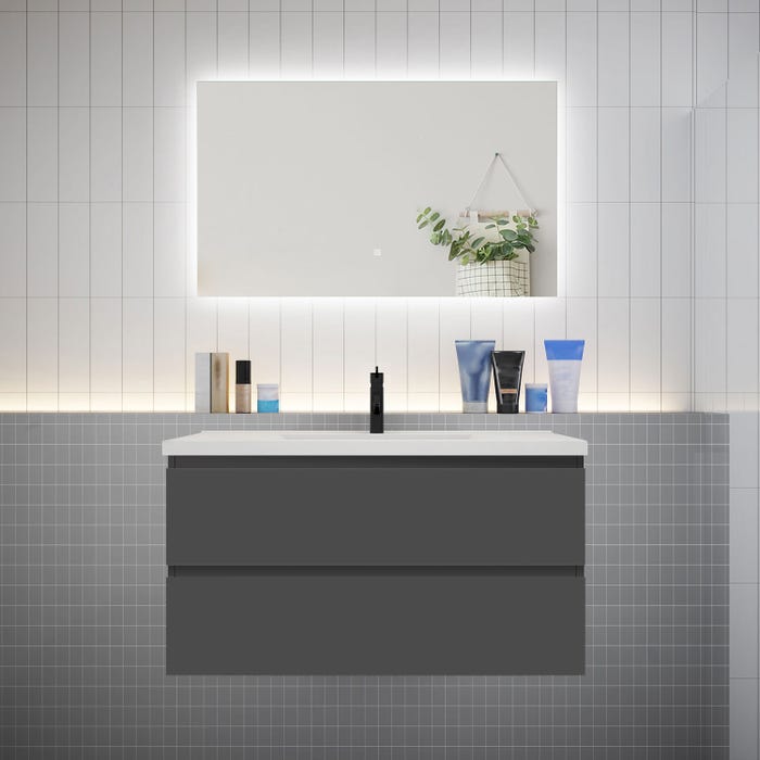 Ensemble meuble vasque L.100cm 2 tiroirs + lavabo + LED miroir 100cm,anthracite