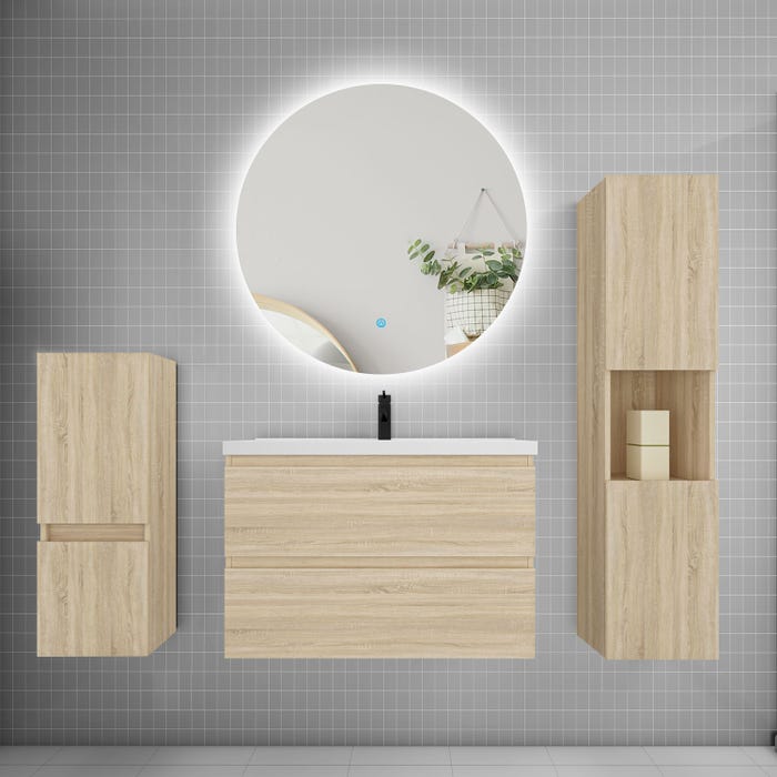 Ensemble meuble vasque L.80cm 2 tiroirs + lavabo + colonne + miroir rond,chêne
