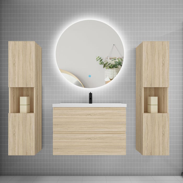Ensemble meuble vasque L.80cm 2 tiroirs + lavabo + colonne + LED miroir rond 80cm,chêne