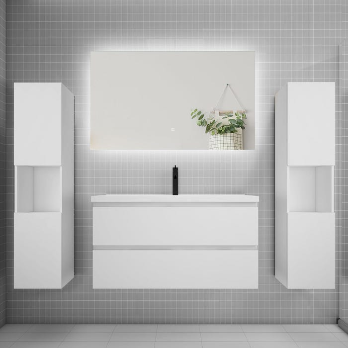 Ensemble meuble vasque L.100cm 2 tiroirs + lavabo + colonne + LED miroir 100cm,blanc