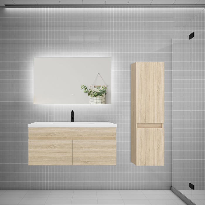 Ensemble meuble simple vasque 100cm lavabo + colonne + miroir,chêne
