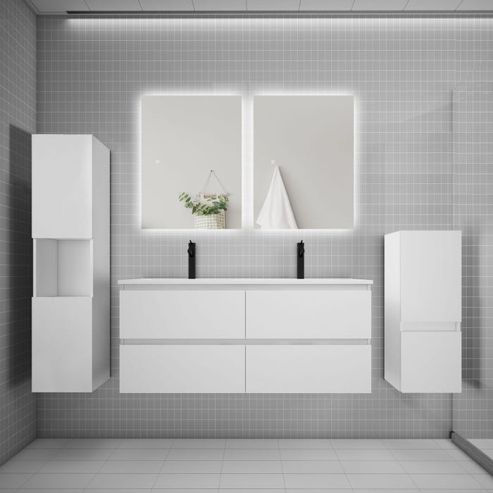Ensemble meuble vasque L.120cm 2 tiroirs + lavabo + colonne + miroir,blanc