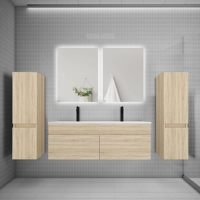 Ensemble meuble double vasque 120cm lavabo + colonne + miroir,chêne