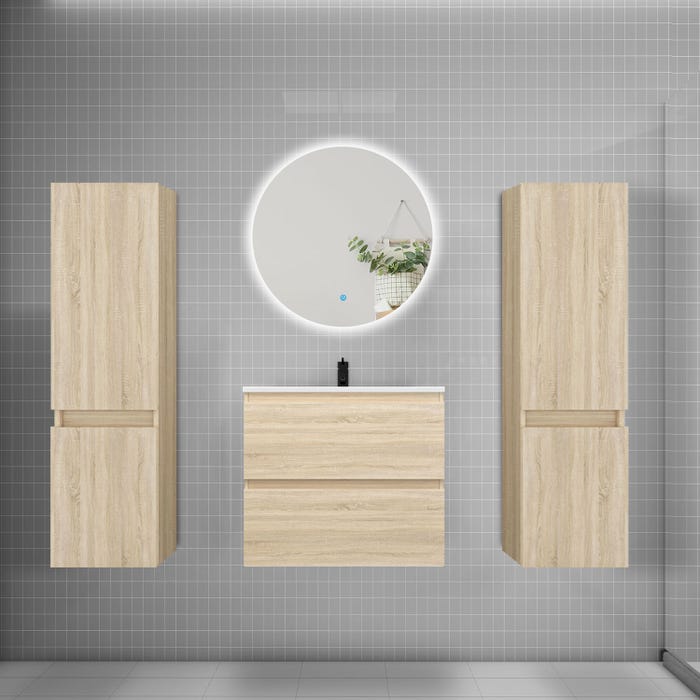 Ensemble meuble vasque L.60cm 2 tiroirs + lavabo + colonne + miroir rond 60cm,chêne