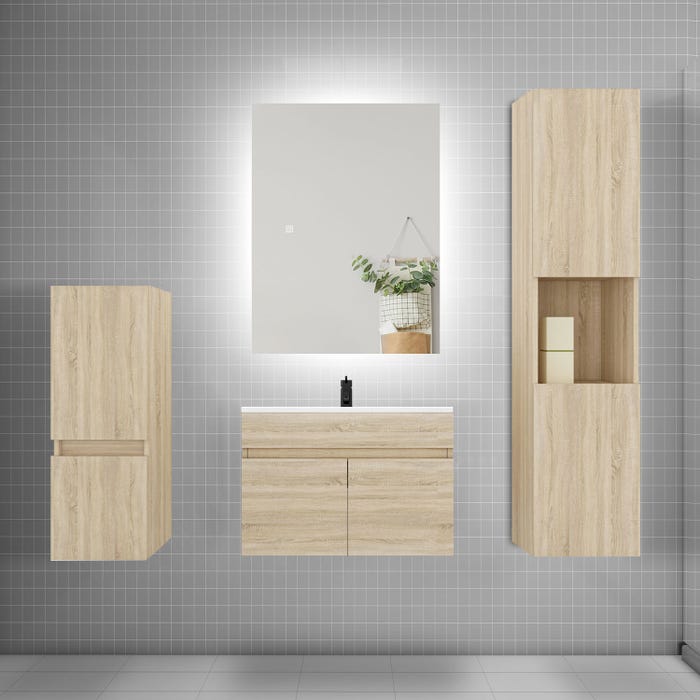 Ensemble meuble vasque L.60cm lavabo + colonne + miroir,chêne
