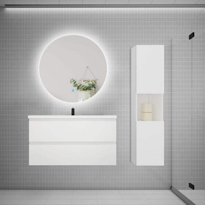 Ensemble meuble vasque 100cm 2 tiroirs + lavabo + colonne + miroir rond,blanc