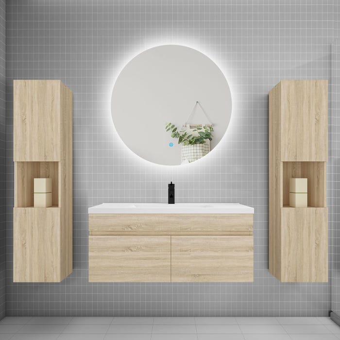 Ensemble meuble vasque L.100cm lavabo + colonne + LED miroir rond 100cm,chêne