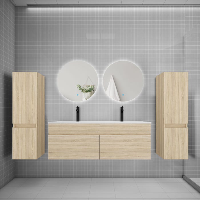 Ensemble meuble vasque L.120cm lavabo + colonne + miroir rond 60cm,chêne