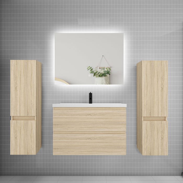 Ensemble meuble vasque L.80cm 2 tiroirs + lavabo + colonne + miroir 80cm,chêne