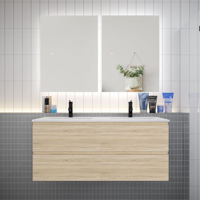 Ensemble meuble vasque L.120cm 2 tiroirs + lavabo + LED miroir 60cm,chêne