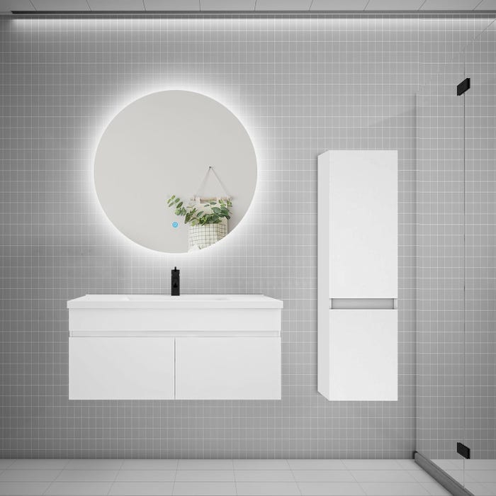 Ensemble meuble simple vasque 100cm lavabo + colonne + miroir rond,blanc