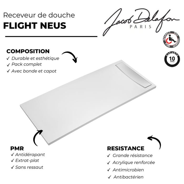 Pack receveur de douche antidérapant 170 x 80 JACOB DELAFON Flight Neus rectangle blanc+Kit d'étanchéité WEDI + Bonde + Capot