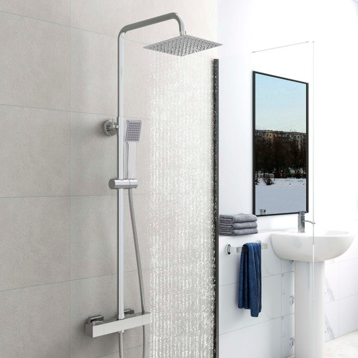 OCEAN Colonne de douche thermostatique de salle de bain, colonne de douche carrée chromée, ensemble de douche à hauteur réglable