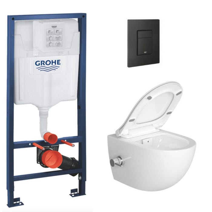 Grohe Pack Bati-support Project + WC sans bride avec fonction bidet thermostatique + Plaque Noir mat (RapidSL-SATClean-KF0)