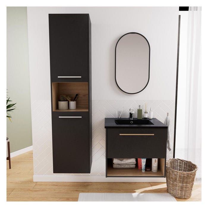 Ensemble meuble simple vasque 60cm noir + robinet + miroir + colonne NIKA