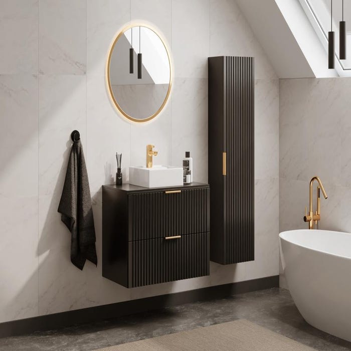 Meuble de salle de bain suspendu strié avec vasque à poser et colonne - Noir - 80 cm - ZEVARA
