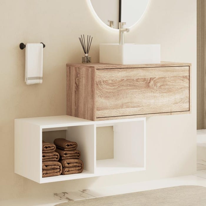 Meuble de salle de bain suspendu avec vasque carrée - 1 tiroir naturel clair et 2 niches blanches - 94 cm - TEANA II