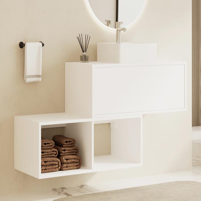 Meuble de salle de bain suspendu blanc avec vasque carrée - 1 tiroir et 2 niches - 94 cm - TEANA II