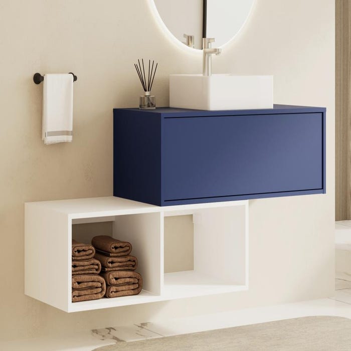 Meuble de salle de bain suspendu avec vasque carrée - 1 tiroir bleu et 2 niches blanches - 94 cm - TEANA II