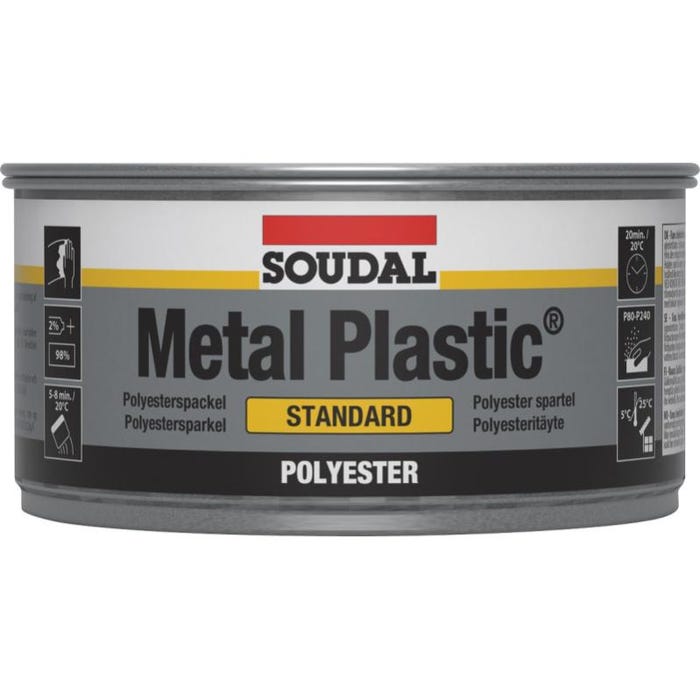Metal Plastic Standard - Enduit polyester pour la réparation de carrosserie - Soudal - 2 kg Gris clair
