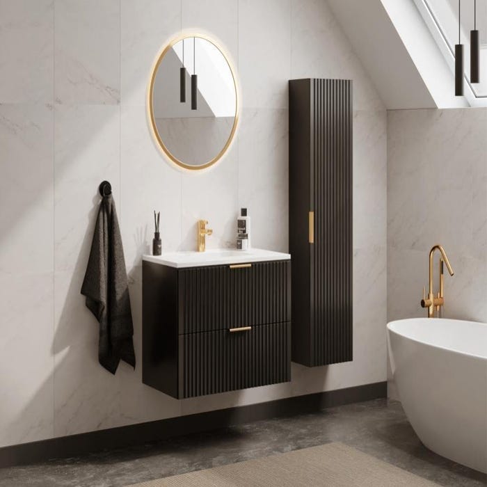 Meuble de salle de bain suspendu strié avec vasque à encastrer et colonne - Noir - 80 cm - ZEVARA