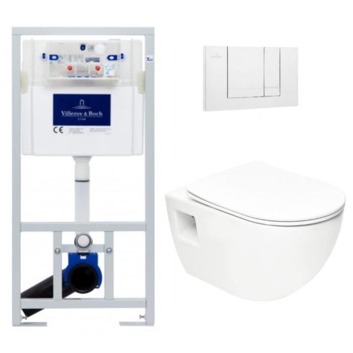 Villeroy & Boch Pack WC Bâti-support ViConnect + WC sans bride SAT + Abattant SoftClose + Plaque Blanche (ViConnectProject-2)