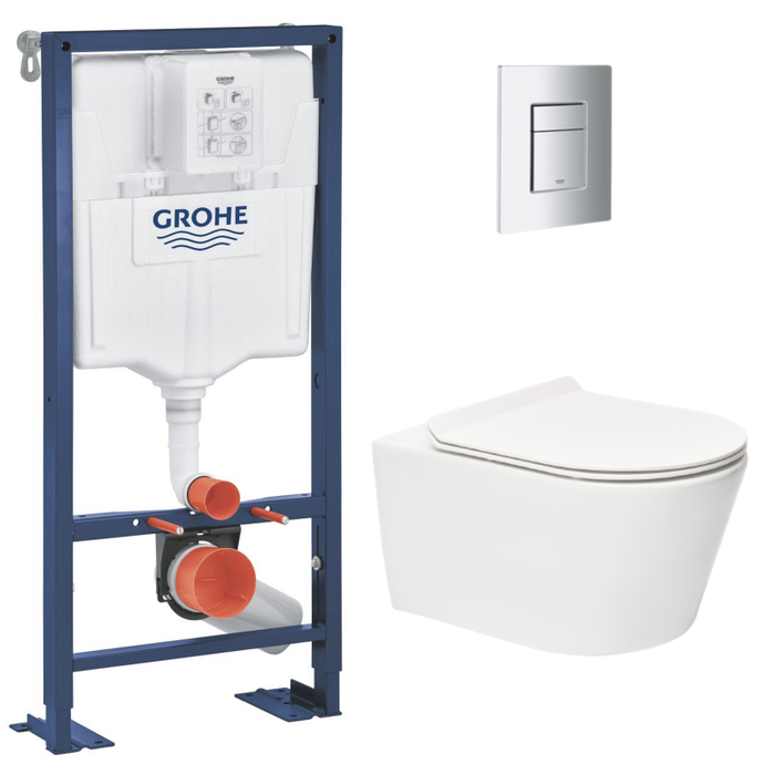 Grohe Pack WC Bâti autoportant Solido + WC sans bride SAT Brevis + Abattant ultra-fin softclose + Plaque chrome (AUTOPORTANT-BREVIS-1)