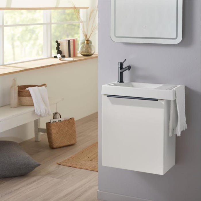 Pack lave-mains Meuble Blanc Mat avec poignée noire et porte serviette - robinet eau froide à gauche - L.48 X H.52.5 cm