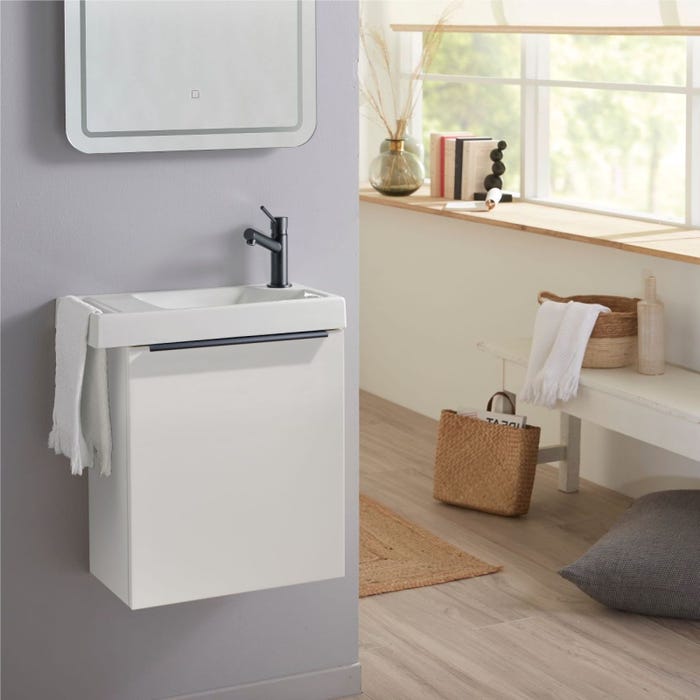 Pack lave-mains Meuble Blanc Mat avec poignée noire et porte serviette - robinet eau froide à droite - L.48 X H.52.5 cm