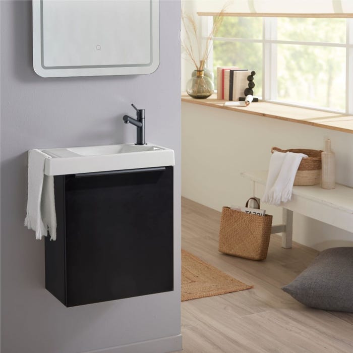 Pack lave-mains Meuble Noir mat avec Poignée noire et porte serviette - robinetterie eau froide à droite - L.48 X H.52.5 cm