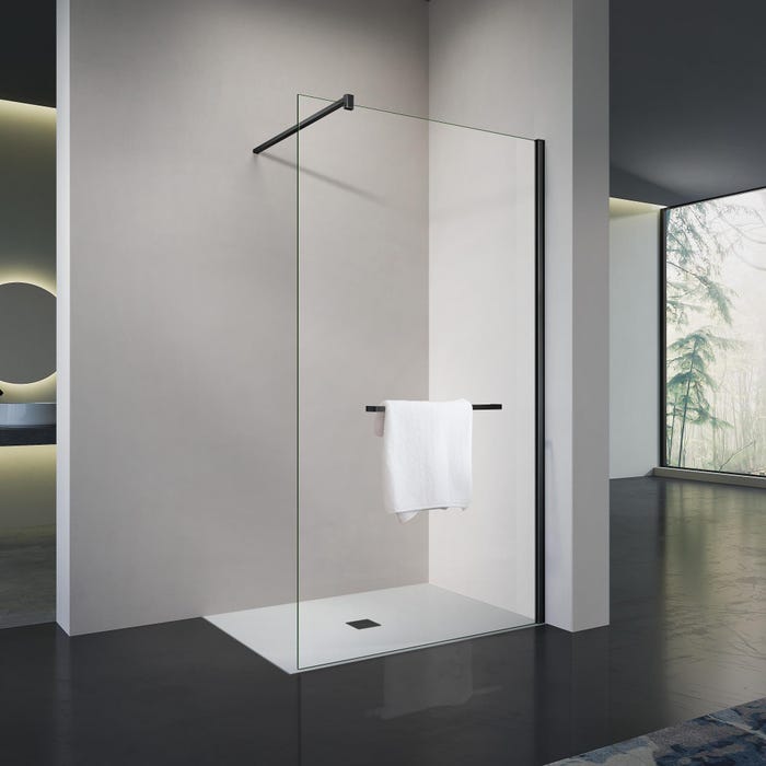 GRAND VERRE Paroi de douche à l'italienne 90x200 en verre transparent avec porte-serviette et accessoires en aluminium noir mat
