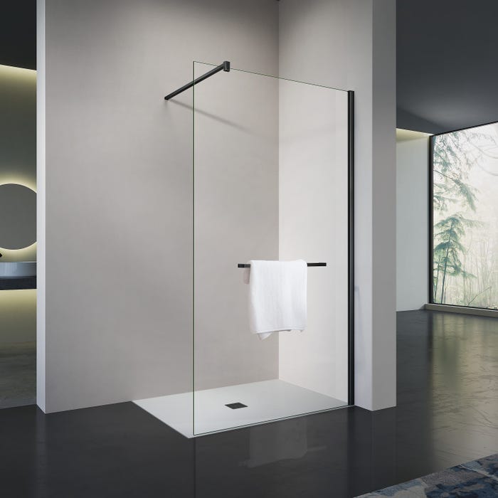GRAND VERRE Paroi de douche à l'italienne 120x200 en verre transparent avec porte-serviette et accessoires en aluminium noir mat