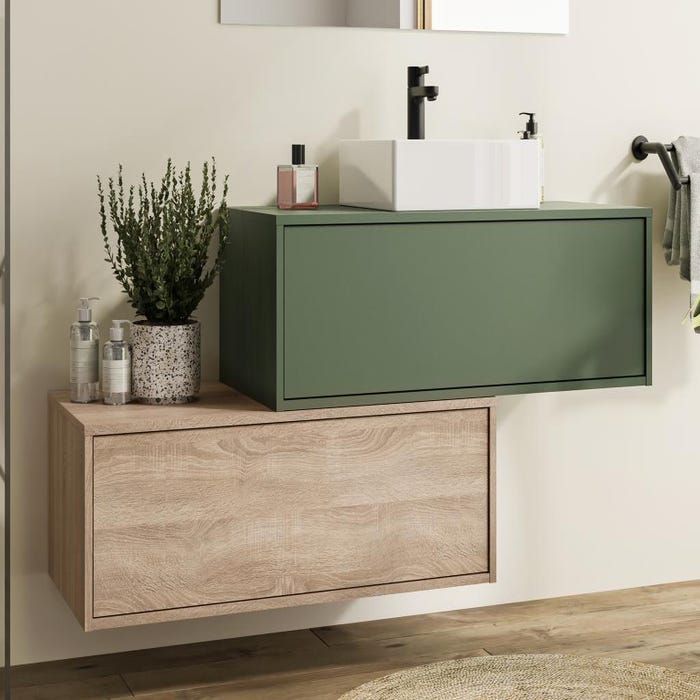 Meuble de salle de bain suspendu vert et naturel clair avec simple vasque carrée et deux tiroirs - 94 cm - TEANA II